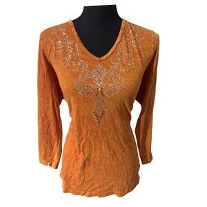 Y2K Vintage Orange Studded Rhinestone Retro Alt Western Boho Cowgirl Top Size XL